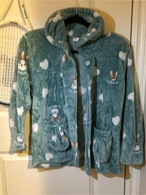 Plush Hooded Bunny Heart Pajama Jacket - Teal